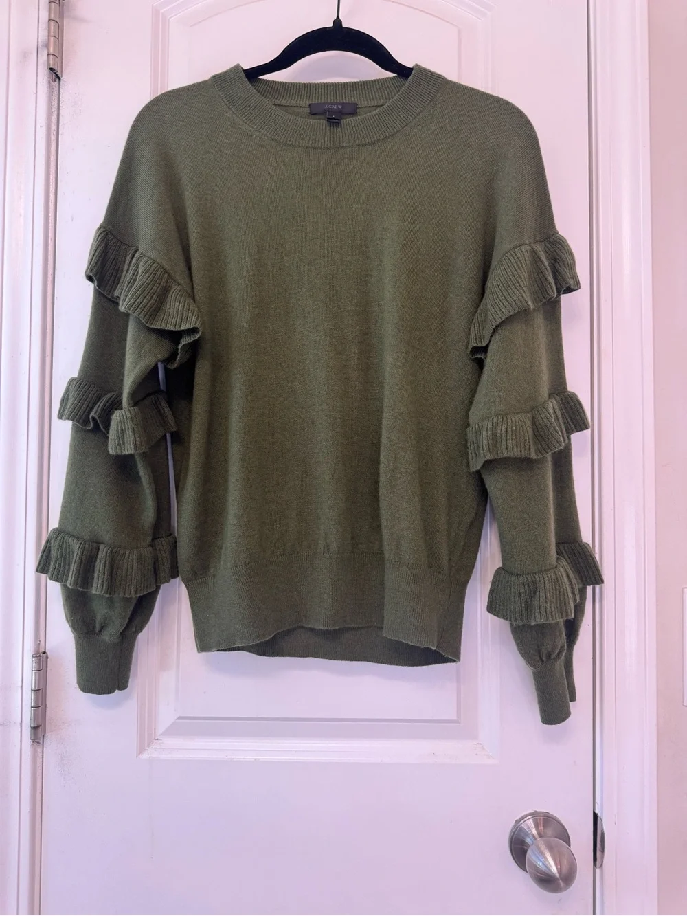 J. Crew Olive Green Ruffle-Sleeve Crewneck Sweater